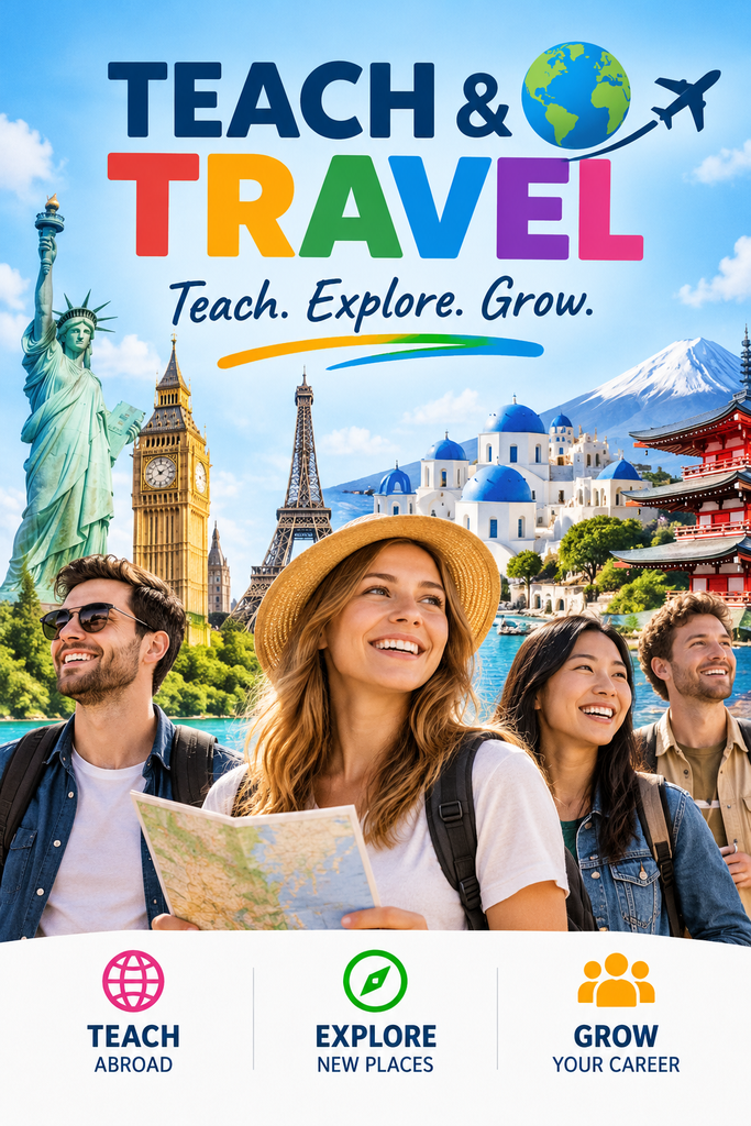 Teach & Travel international teacher recruitment agency banner featuring teachers, world landmarks and the slogan Teach Explore Grow